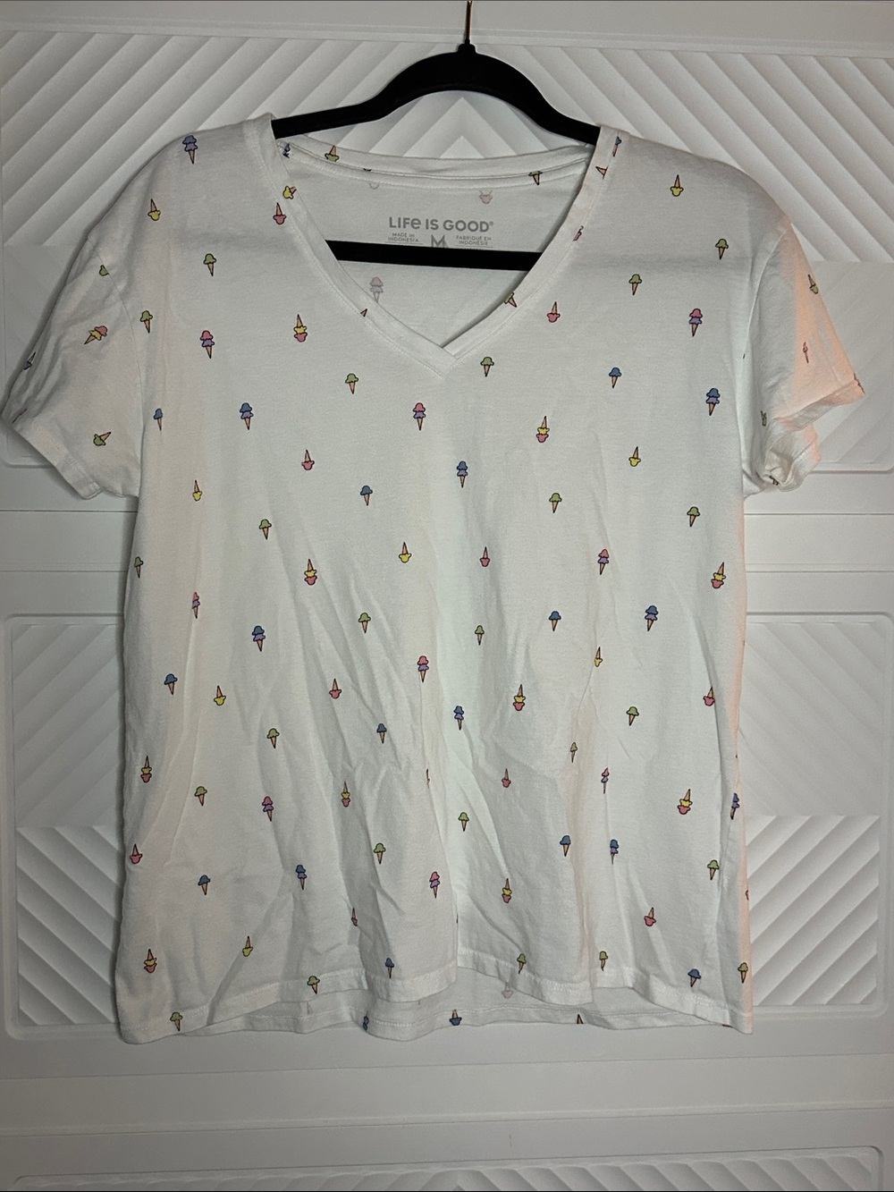 Life Is Good White V-Neck Tee with Tiny Multicolor Ice Cream Motifs